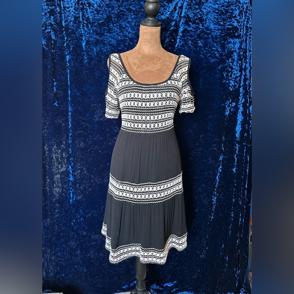 Spense Black and Cream Tiered Crochet Babydoll Waist Cold Shoulder Boho Dress
